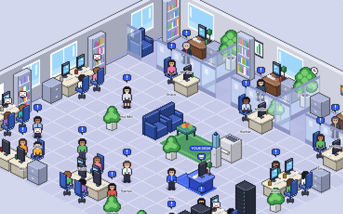 The Change Floor: a pixel-art office with leaders, team leads and staff the player walks between